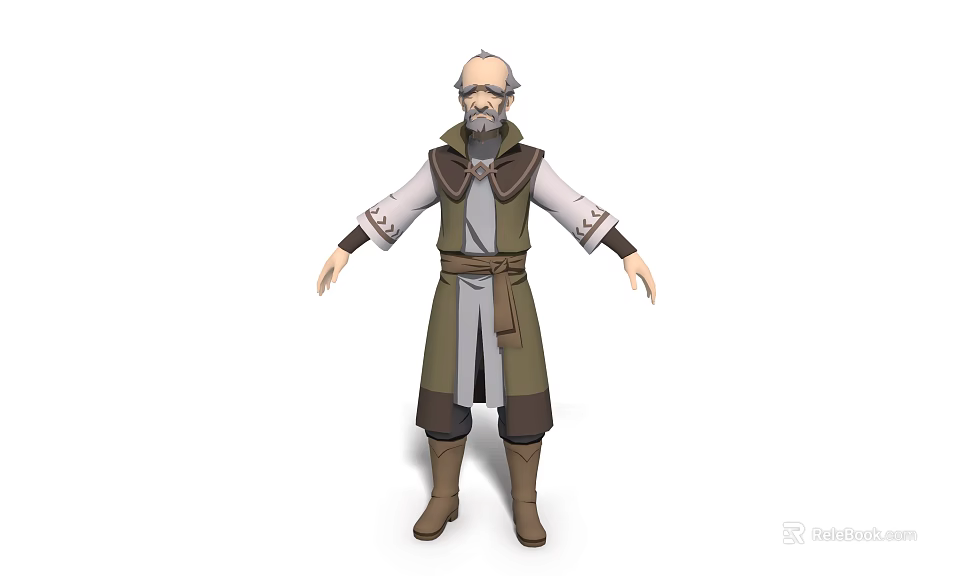 Detailed Elderly Game and Movie Character with Bald Head Beard Long Robe Belt and Boots 3d model 