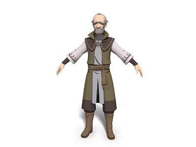 Detailed Elderly Game and Movie Character with Bald Head Beard Long Robe Belt and Boots 3d model