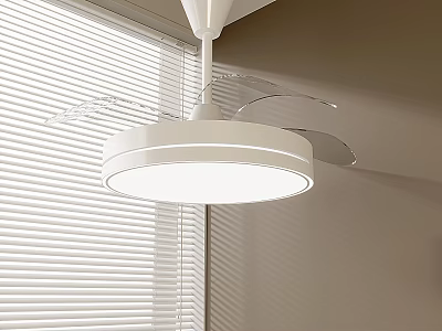 Modern Minimalist White Circular Pendant Light Mounted on Ceiling with Bright Lighting Near Window Blinds 3d model
