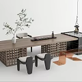 Modern Wooden Tea Table and Chairs with Lattice Base Potted Plant and Stone Side Table