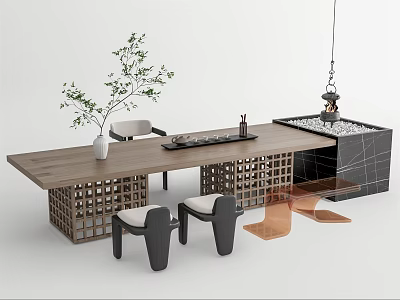 Modern Wooden Tea Table and Chairs with Lattice Base Potted Plant and Stone Side Table 3d model