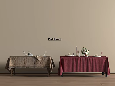 Two Poliform Dining Tables With Beige Red Tablecloths Tableware And Flowers 3d model