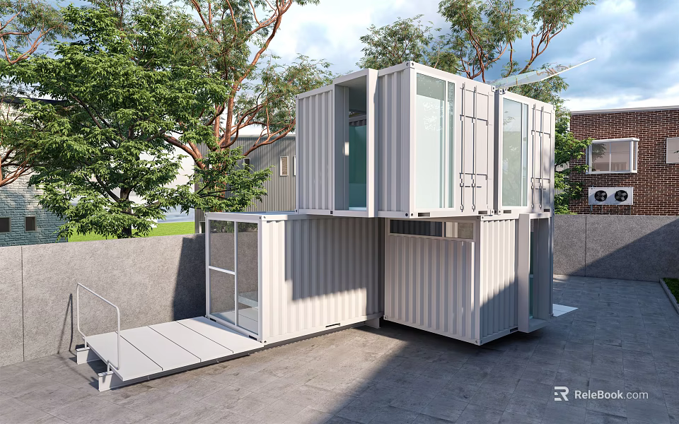 Modern Two Story Container Building Made Of Shipping Containers With Greenery And Entrance Steps 3d model 