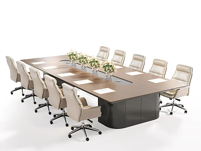 Modern Conference Room Interior With Long Wooden Table Beige Swivel Chairs And Floral Centerpieces 3d model