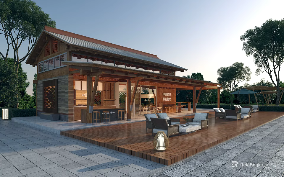 Traditional Wooden Guesthouse Building With Red Roof Open Design Deck Outdoor Furniture And Surrounding Trees 3d model 