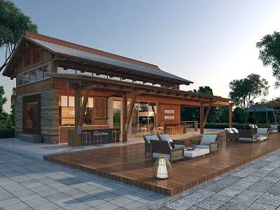Traditional Wooden Guesthouse Building With Red Roof Open Design Deck Outdoor Furniture And Surrounding Trees 3d model