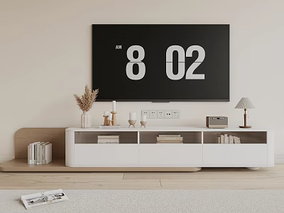 Modern TV Stand Living Room Setup With Large Screen TV Vase Books And Table Lamp 3d model