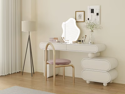 Modern White Dressing Table with Pink Cushioned Stool Decorative Mirror Cosmetics Vase and Floor Lamp 3d model