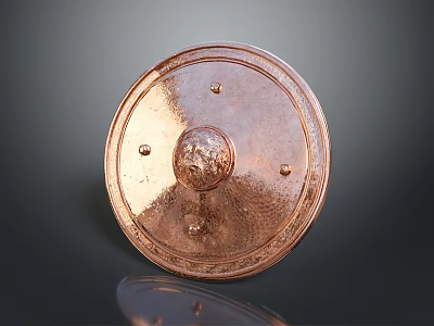 Copper Round Shield With Decorative Relief Rivets And Shiny Surface On Dark Background 3d model