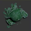 Green Cracked Stone Sphere With Scattered Broken Fragments On Surface