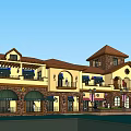 Commercial Street With Yellow Buildings Spire Tower Arched Doors Shops Trees And Cars