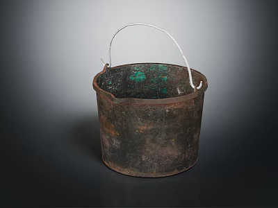 Vintage Metal Bucket With Rustic Copper Green Patina And Weathered Wooden Handle 3d model
