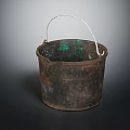 Vintage Metal Bucket With Rustic Copper Green Patina And Weathered Wooden Handle