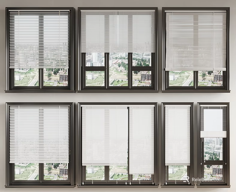 Various Window Blinds Styles Installed on Windows with Outside Building View 3d model