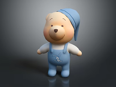 Cute Teddy Bear Doll With Blue Hat Blue Overalls And Rabbit Design 3d model