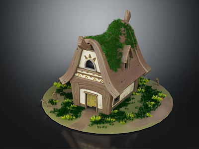 Enchanted Wooden Cottage With Moss Covered Sloped Roof Yellow Door And Surrounding Greenery 3d model