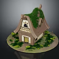 Enchanted Wooden Cottage With Moss Covered Sloped Roof Yellow Door And Surrounding Greenery