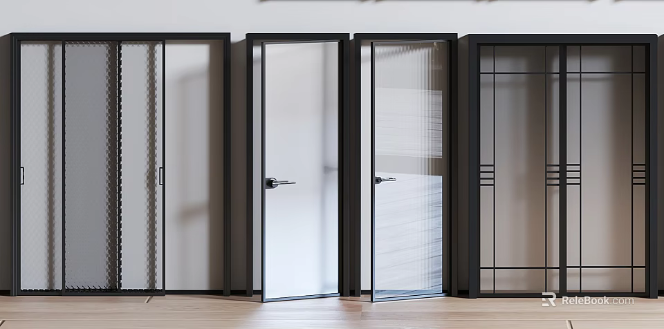 Modern Sliding Doors With Black Frame And Various Glass Panel Designs 3d model