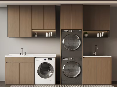 Modern Laundry Room Design With Washing Machine Dryer Cabinets And Sink 3d model