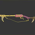 Yellow Weapon With Wooden Stock Metal Components And Hook Rope Attachment On Gray Reflective Surface