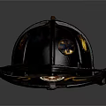 Vintage Black Firefighter Helmet with Worn Finish and Emblem Badges