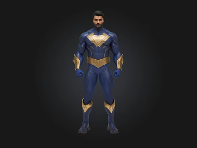 3D Model of Muscular Man in Blue and Gold Heroic Bodysuit Standing Pose 3d model