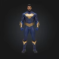3D Model of Muscular Man in Blue and Gold Heroic Bodysuit Standing Pose