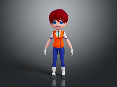Man with Red Hair Blue Eyes Wearing Orange Vest Blue Pants Standing Against Gray Background 3d model