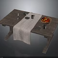 Rustic Wooden Dining Table With Table Runner Candle Plates Cups And Fruit Bowl