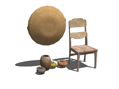 Rustic Wooden Leisure Chair With Woven Round Cushion And Various Clay Pots 3d model