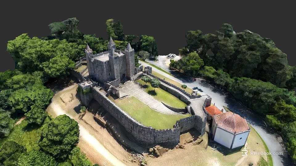 European Medieval Castle with Stone Walls Green Courtyard and Lush Trees 3d model 
