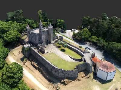 European Medieval Castle with Stone Walls Green Courtyard and Lush Trees 3d model