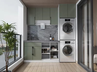 Modern Green Bathroom Cabinet with Marble Countertop and Washing Machine in Open Design 3d model