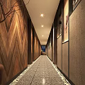 Elegant Restaurant Corridor With Wooden Walls Geometric Patterned Surfaces Green Plant Decor And Patterned Flooring