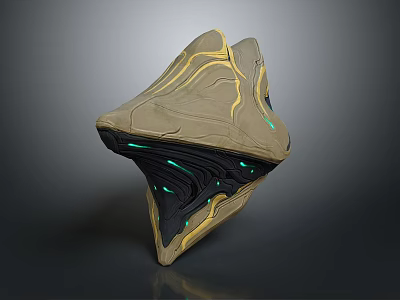 Abstract Geometric Sculpture With Brownish Gray Body Yellow Accent Lines And Green Glowing Details 3d model