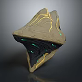 Abstract Geometric Sculpture With Brownish Gray Body Yellow Accent Lines And Green Glowing Details