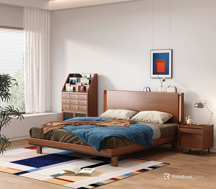 Wooden Double Bed with Blue Blanket White Pillows Nightstand and Colorful Rug in Modern Bedroom 3d model 