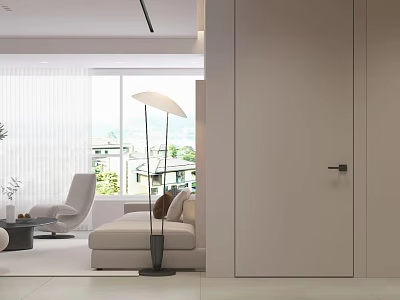 Modern Living And Dining Room Interior With Light Sofa Floor Lamp And Large Window 3d model