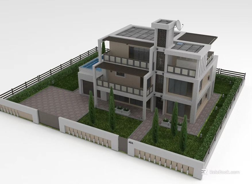 Modern Villa With Flat Roof Multiple Balconies Fence Lawn Trees Driveway And Small Pool 3d model 