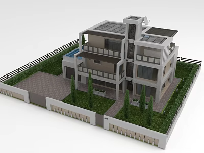Modern Villa With Flat Roof Multiple Balconies Fence Lawn Trees Driveway And Small Pool 3d model