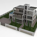 Modern Villa With Flat Roof Multiple Balconies Fence Lawn Trees Driveway And Small Pool