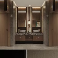 Modern Luxury Public Toilet Interior With Dual Vessel Sinks And Premium Wood Marble Finishes
