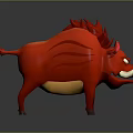 Vibrant Red Wild Boar Sculpture with Spiked Mane and White Tusks in Cartoon Style