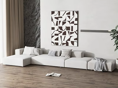 White Sectional Sofa with Throw Pillows Black and White Geometric Painting Wooden Floor and Plant 3d model