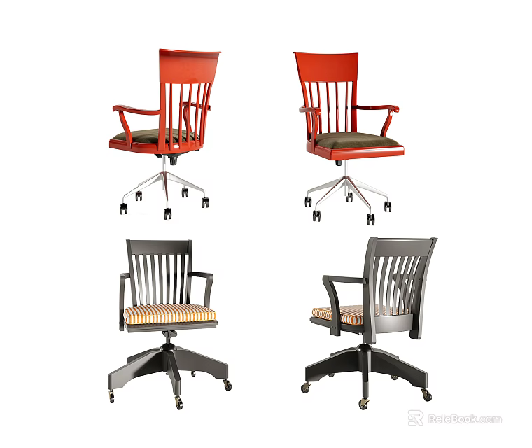Various Office Chairs With Wooden Frame Armrests Wheels And Woven Seats 3d model 