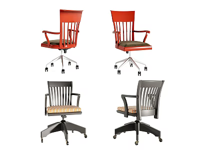 Various Office Chairs With Wooden Frame Armrests Wheels And Woven Seats 3d model