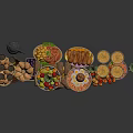 Assorted Fresh Food Display With Fruits Bread Cake And Desserts