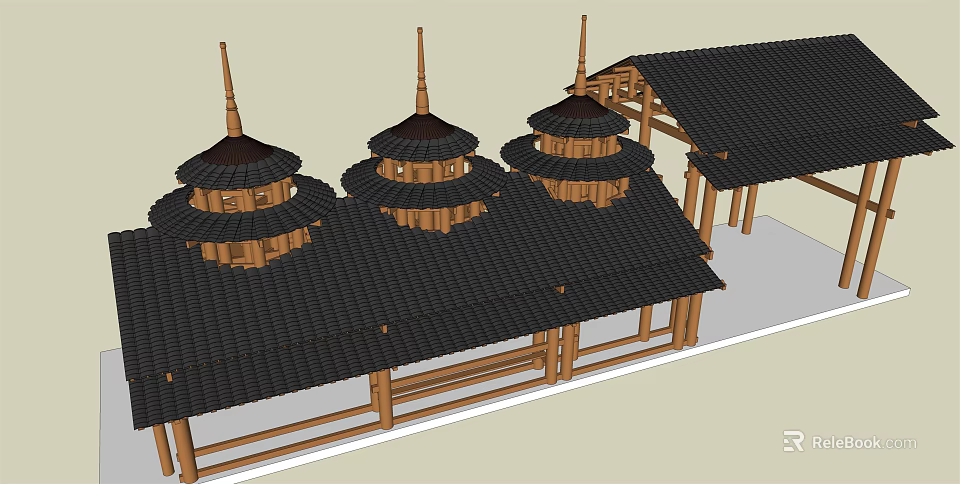 Traditional Bridge With Wooden Spires And Black Tiled Roof Architectural Design 3d model 