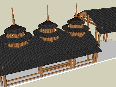 Traditional Bridge With Wooden Spires And Black Tiled Roof Architectural Design 3d model