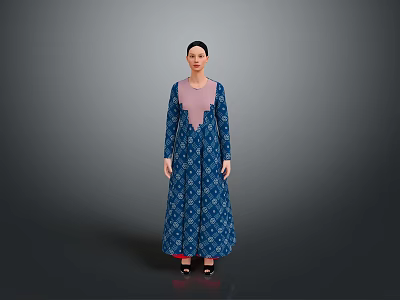 Traditional Blue Long Dress With White Patterns And Pink Spliced Top Long Sleeves 3d model